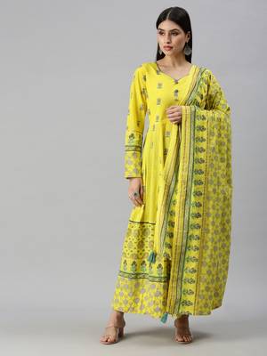 women's calf length v-neck yellow floral anarkali kurta 1