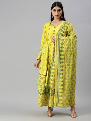 women's calf length v-neck yellow floral anarkali kurta 2