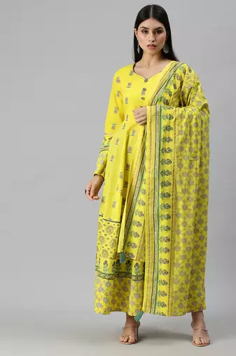 women's calf length v-neck yellow floral anarkali kurta