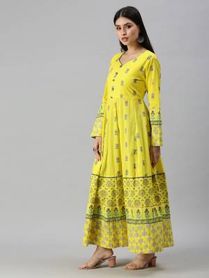 women's calf length v-neck yellow floral anarkali kurta 3