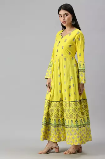 women's calf length v-neck yellow floral anarkali kurta
