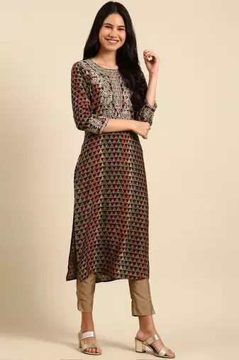 Showoff women's calf length round neck black geometric straight kurta