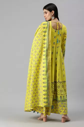 women's calf length v-neck yellow floral anarkali kurta