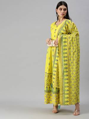 women's calf length v-neck yellow floral anarkali kurta 5