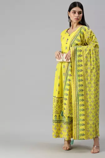 women's calf length v-neck yellow floral anarkali kurta