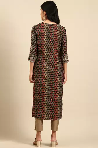 Showoff women's calf length round neck black geometric straight kurta