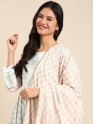 women's ankle length round neck peach ethnic motifs anarkali kurta comes with duppatta 1