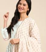 women's ankle length round neck peach ethnic motifs anarkali kurta comes with duppatta