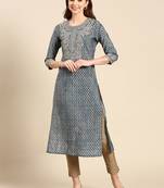 women's calf length round neck blue ethnic motifs straight kurta