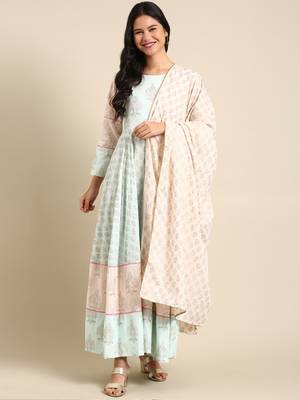 women's ankle length round neck peach ethnic motifs anarkali kurta comes with duppatta 4