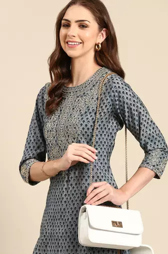 women's calf length round neck blue ethnic motifs straight kurta