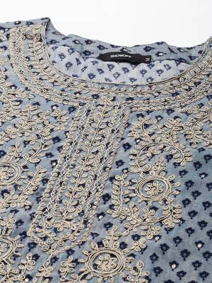 women's calf length round neck blue ethnic motifs straight kurta 3