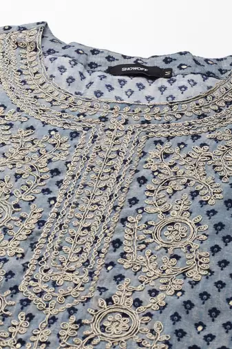 women's calf length round neck blue ethnic motifs straight kurta