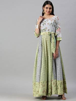 women's ankle length round neck blue floral anarkali kurta 2