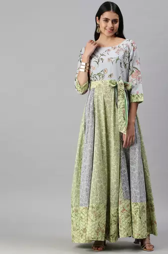 women's ankle length round neck blue floral anarkali kurta