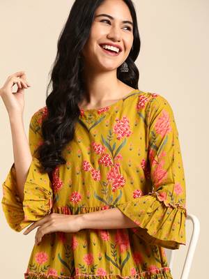 women's knee length round neck green floral anarkali kurta 1
