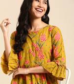 women's knee length round neck green floral anarkali kurta