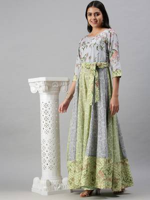 women's ankle length round neck blue floral anarkali kurta 5