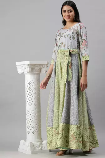 women's ankle length round neck blue floral anarkali kurta
