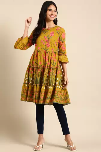women's knee length round neck green floral anarkali kurta