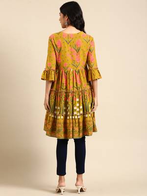 women's knee length round neck green floral anarkali kurta 5