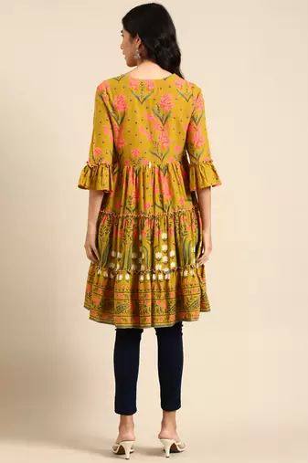 women's knee length round neck green floral anarkali kurta