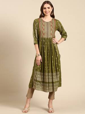 women's calf length round neck olive ethnic motifs anarkali kurta 1