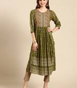 women's calf length round neck olive ethnic motifs anarkali kurta