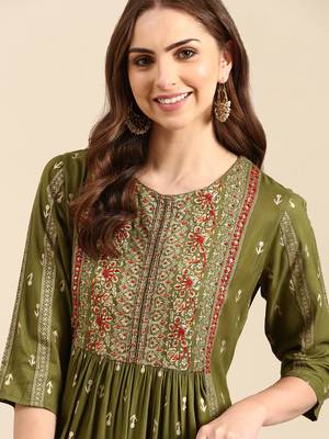 women's calf length round neck olive ethnic motifs anarkali kurta 2