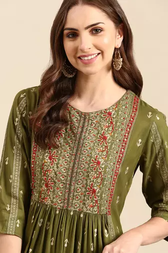 women's calf length round neck olive ethnic motifs anarkali kurta