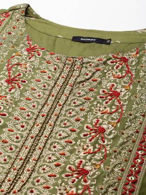 women's calf length round neck olive ethnic motifs anarkali kurta 3