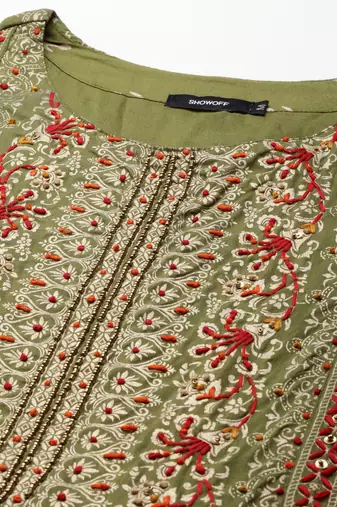 women's calf length round neck olive ethnic motifs anarkali kurta
