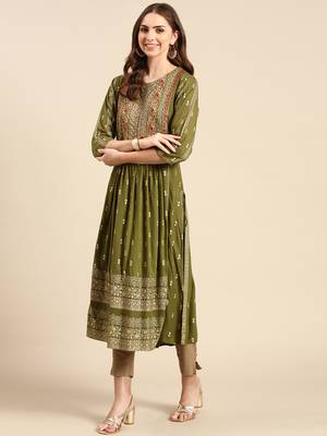women's calf length round neck olive ethnic motifs anarkali kurta 4