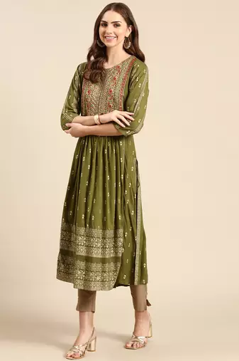 women's calf length round neck olive ethnic motifs anarkali kurta