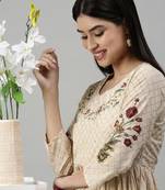Showoff women's ankle length round neck beige floral anarkali kurta