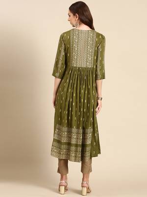 women's calf length round neck olive ethnic motifs anarkali kurta 5