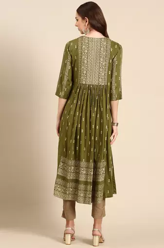 women's calf length round neck olive ethnic motifs anarkali kurta