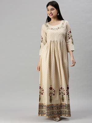 Showoff women's ankle length round neck beige floral anarkali kurta 2