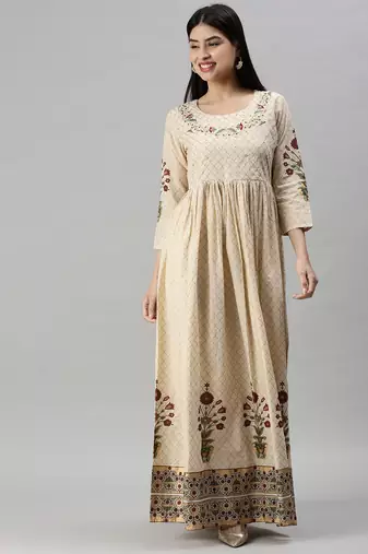 Showoff women's ankle length round neck beige floral anarkali kurta