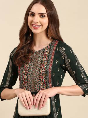 women's calf length round neck green embellished anarkali kurta 1