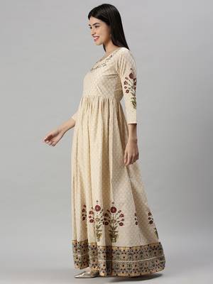 Showoff women's ankle length round neck beige floral anarkali kurta 3