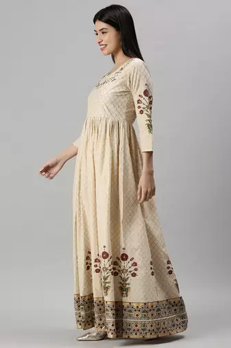 Showoff women's ankle length round neck beige floral anarkali kurta