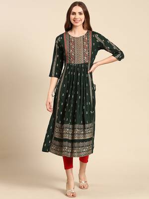women's calf length round neck green embellished anarkali kurta 2