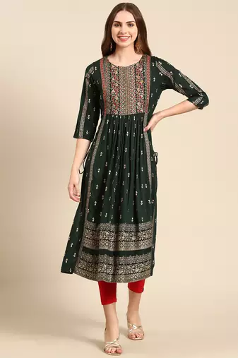 women's calf length round neck green embellished anarkali kurta