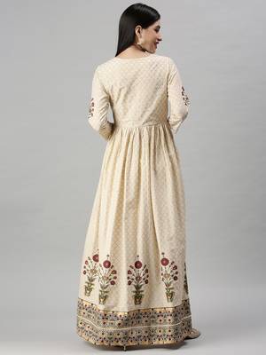 Showoff women's ankle length round neck beige floral anarkali kurta 4