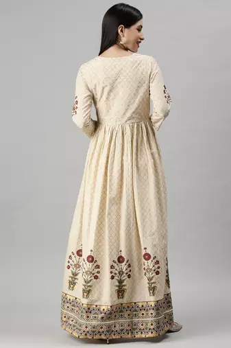 Showoff women's ankle length round neck beige floral anarkali kurta