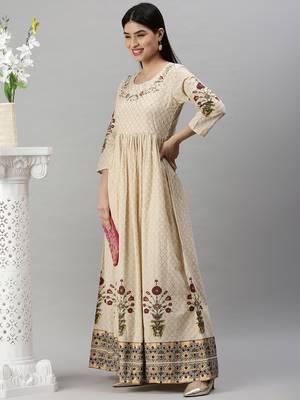 Showoff women's ankle length round neck beige floral anarkali kurta 5
