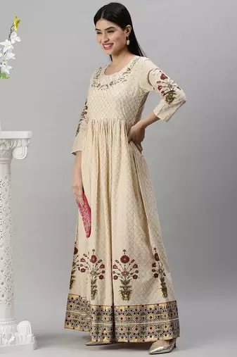 Showoff women's ankle length round neck beige floral anarkali kurta