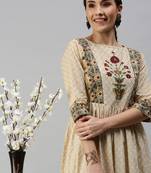 Showoff women's ankle length round neck beige floral anarkali kurta