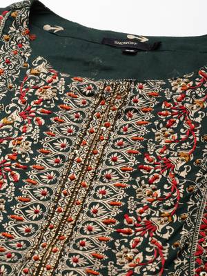 women's calf length round neck green embellished anarkali kurta 3
